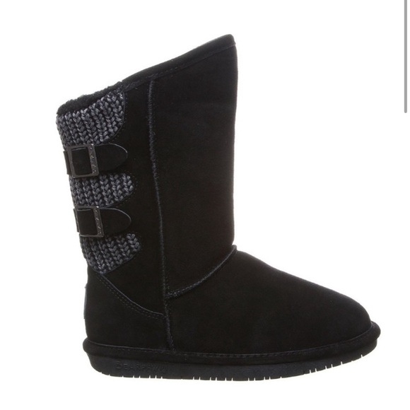 BearPaw Boshie Boot Suede Leather & Knit Black Gray Sherpa lined Woman’s Size 8 - Picture 2 of 9